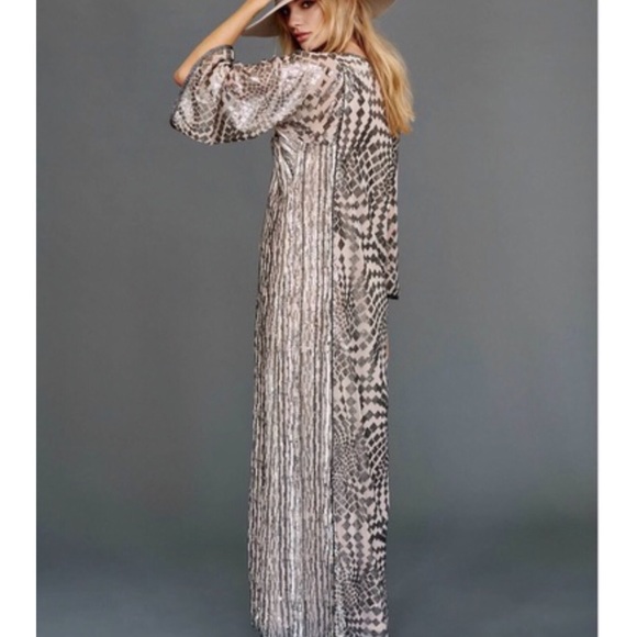 Anna Sui x BHLDN Cyrene Sm Silver Black Tan Sequin Geometric Kaftan Maxi Kimono - Picture 11 of 16